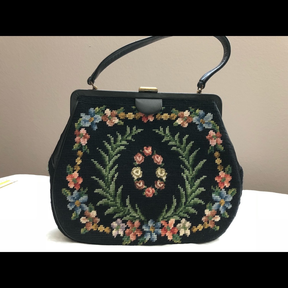 Vintage black needlepoint medium framed purse